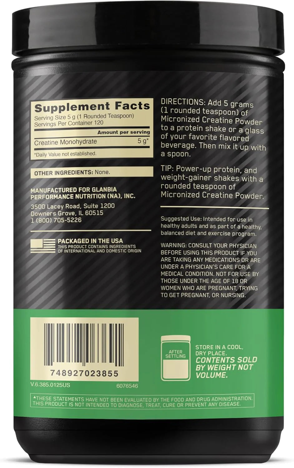 Optimum Nutrition Micronized Creatine Monohydrate Powder, Unflavored, 60 Servings, 300 Grams