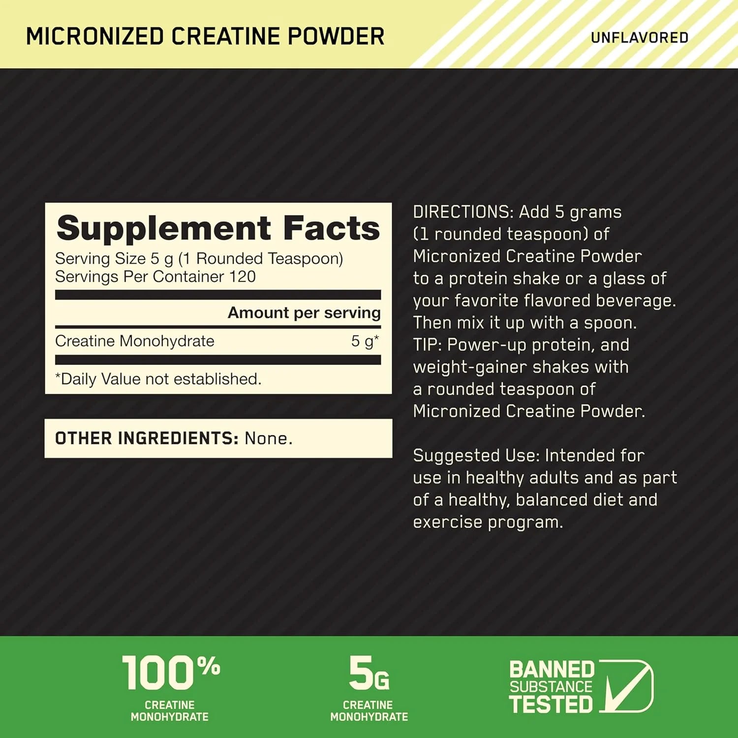Optimum Nutrition Micronized Creatine Monohydrate Powder, Unflavored, 60 Servings, 300 Grams